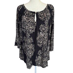 Lucky Brand black and tan 3/4 sleeve one button keyhole blouse women's size 2X